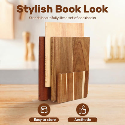Wood Book Cutting Board Set with Stand, Wooden Cutting Boards for Kitchen,Knife Friendly Decorative Board that Look Like Books, Easy to Store & Clean,Unique Gift for Book Lovers & Home Cooks