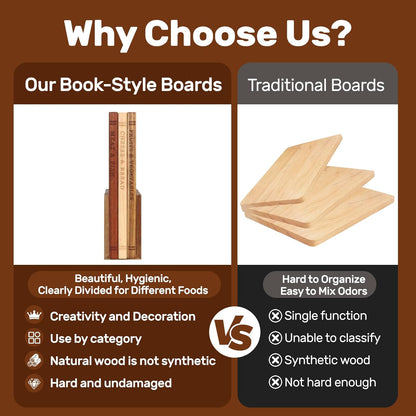 Wood Book Cutting Board Set with Stand, Wooden Cutting Boards for Kitchen,Knife Friendly Decorative Board that Look Like Books, Easy to Store & Clean,Unique Gift for Book Lovers & Home Cooks