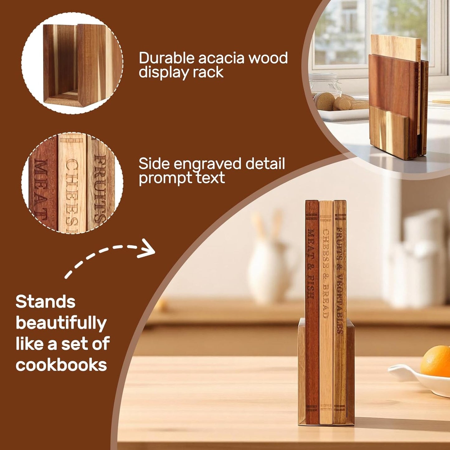 Wood Book Cutting Board Set with Stand, Wooden Cutting Boards for Kitchen,Knife Friendly Decorative Board that Look Like Books, Easy to Store & Clean,Unique Gift for Book Lovers & Home Cooks