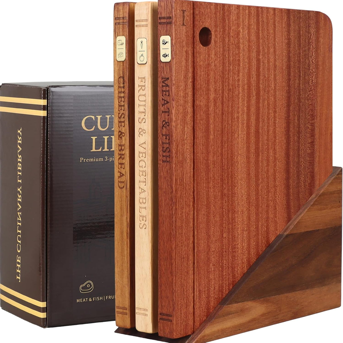 Wood Book Cutting Board Set with Stand, Wooden Cutting Boards for Kitchen,Knife Friendly Decorative Board that Look Like Books, Easy to Store & Clean,Unique Gift for Book Lovers & Home Cooks