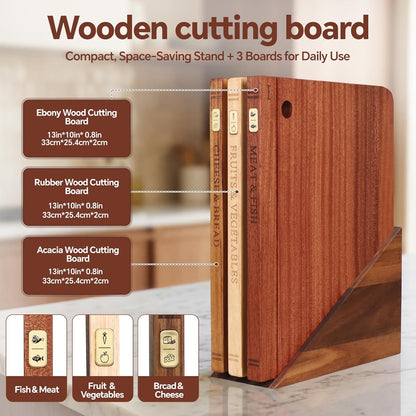Wood Book Cutting Board Set with Stand, Wooden Cutting Boards for Kitchen,Knife Friendly Decorative Board that Look Like Books, Easy to Store & Clean,Unique Gift for Book Lovers & Home Cooks