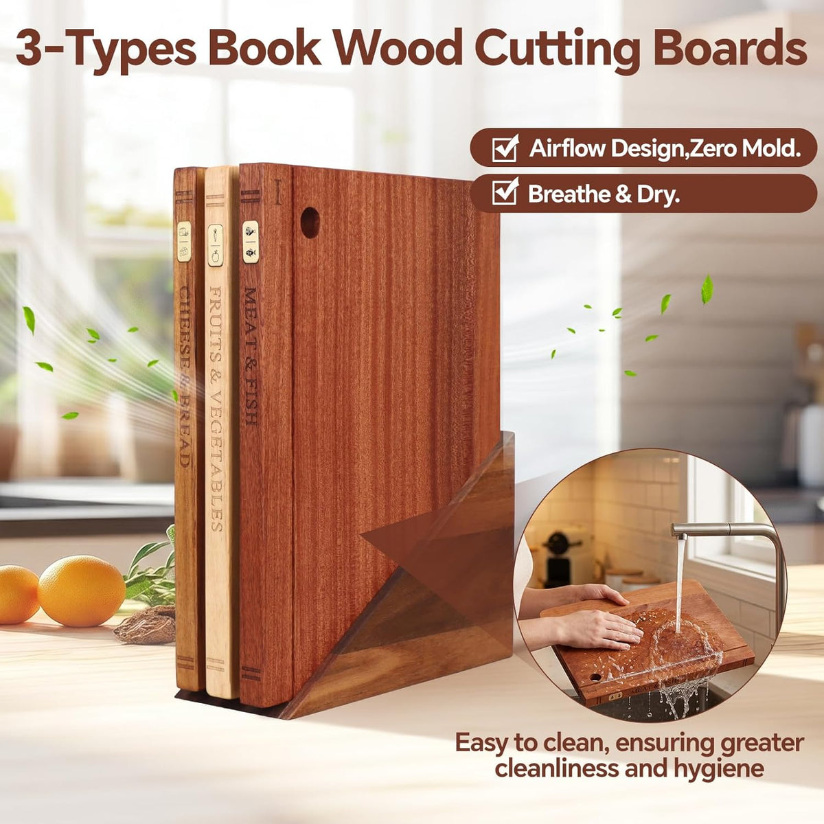 Wood Book Cutting Board Set with Stand, Wooden Cutting Boards for Kitchen,Knife Friendly Decorative Board that Look Like Books, Easy to Store & Clean,Unique Gift for Book Lovers & Home Cooks