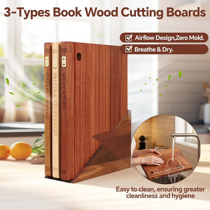 Wood Book Cutting Board Set with Stand, Wooden Cutting Boards for Kitchen,Knife Friendly Decorative Board that Look Like Books, Easy to Store & Clean,Unique Gift for Book Lovers & Home Cooks