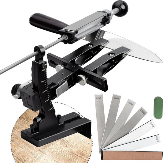 CWOVRS Knife Sharpening System, Aluminium Fixed Angle Knife Sharpener 9–25° | Dual Knife-Clip Knife Sharpening Kit with 360° Flip System, 2-Sided Stone Clamp, 6 Premium Stones Kit for Chef Kitchen Knives