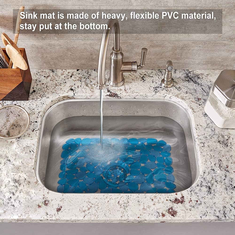 Pebble Sink Mat for Stainless Steel/Ceramic Sinks, PVC Eco-Friendly Sink Protectors Mats for Bottom of Kitchen Sink, Dish Drying Mat for Dishes and Glassware, 15.7 x 11.8 inch, Blue