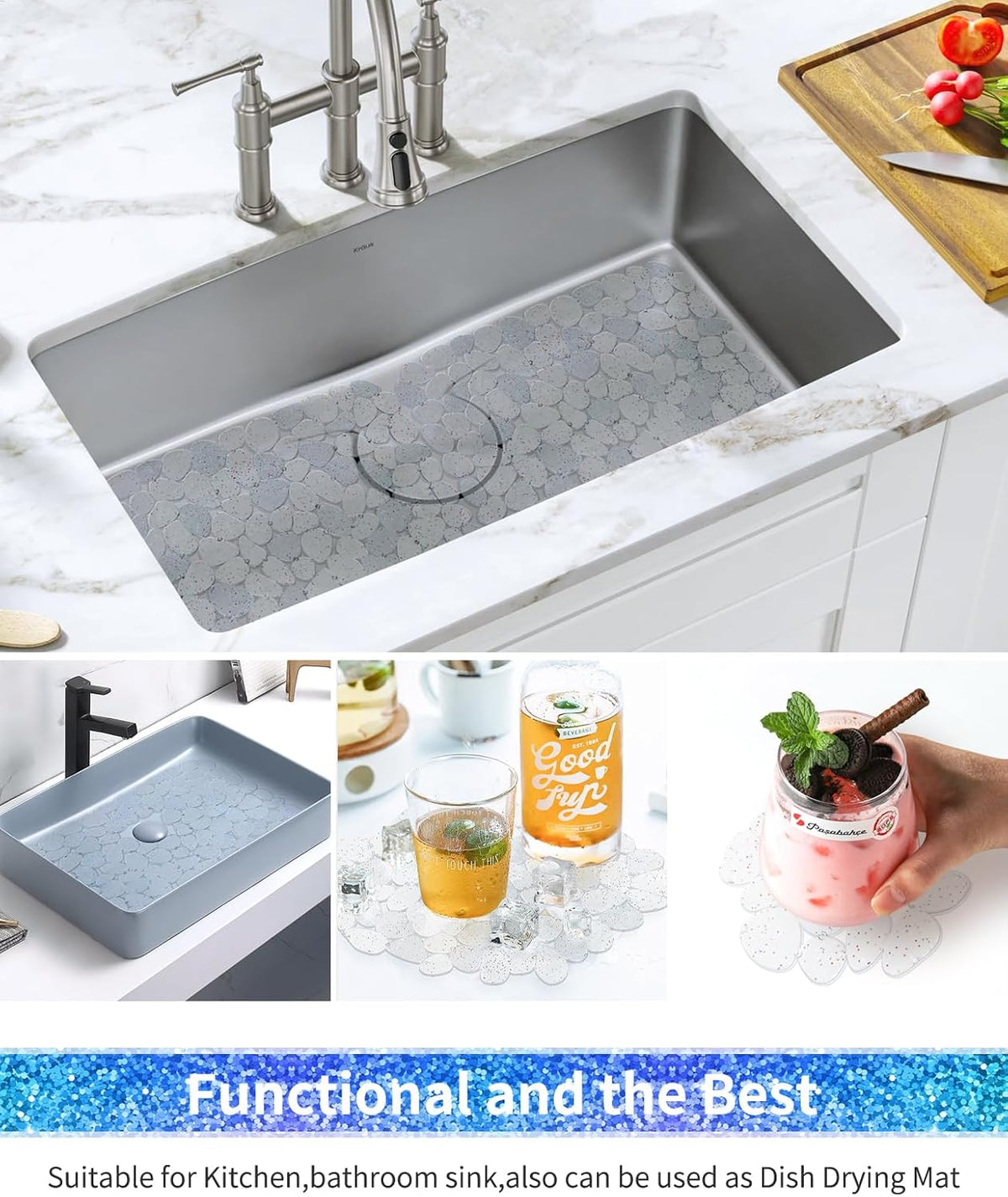 Pebble Sink Mat for Stainless Steel/Ceramic Sinks, PVC Eco-Friendly Sink Protectors Mats for Bottom of Kitchen Sink, Dish Drying Mat for Dishes and Glassware, 15.7 x 11.8 inch, Blue