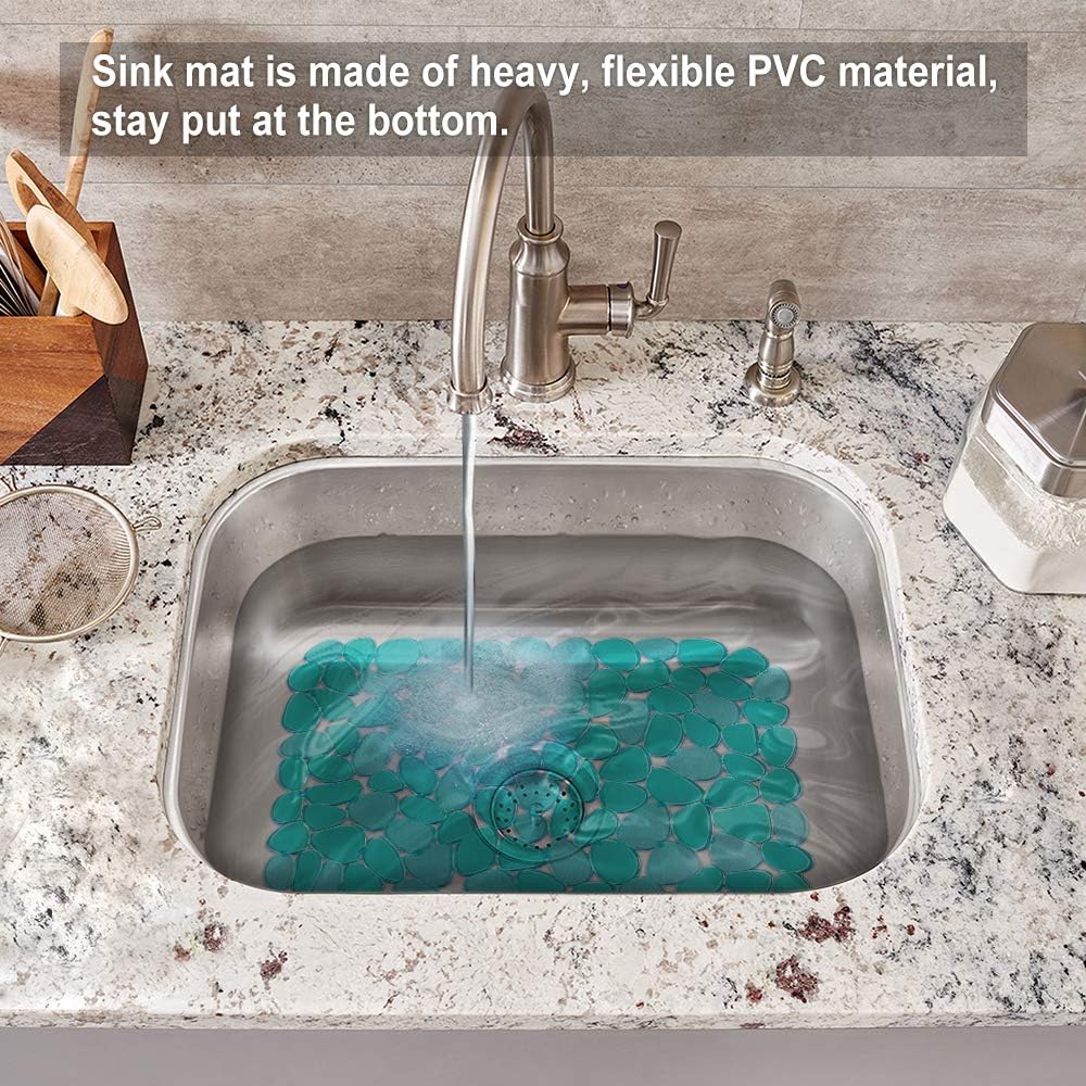 Pebble Sink Mat for Stainless Steel/Ceramic Sinks, PVC Eco-Friendly Sink Protectors Mats for Bottom of Kitchen Sink, Dish Drying Mat for Dishes and Glassware, 15.7 x 11.8 inch, Blue
