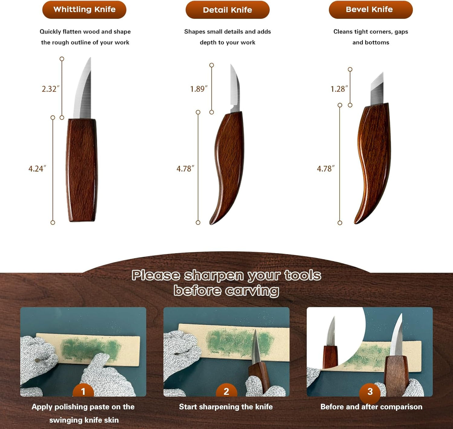 ZIHVIZU Woodcarving Tool Set,Including Whittling Knives, Practice Wood Blocks, Safety Gloves and a Sharpener. The Knives are Sharp and Durable,Specially Designed for DIY woodcarving Beginners