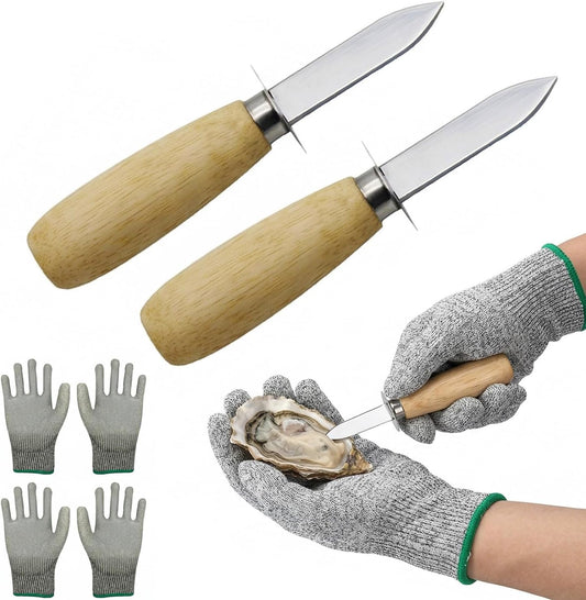 Oyster Shucking Knife, 2 Pack Oyster Knife Shucker Set with 2 Professional Grade Cut Resistant Gloves, Stainless Steel Seafood Opener Tools