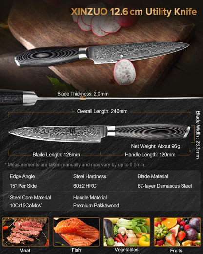 Paring kitchen Knife, 5 Inch Super Sharp Damascus Steel Petty Knife, Fruit Knife, Pakkawood Handle, Gift Box