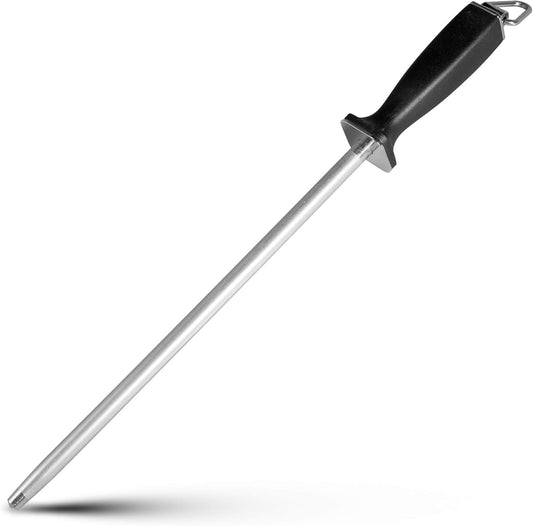 12-Inch Diamond-Coated Knife Sharpening Rod, Honing Steel, Black | Diamond-coated Surface Maintains Knife Edges, Non-slip Grip and Hanging Loop, Wipe Dry After Washing