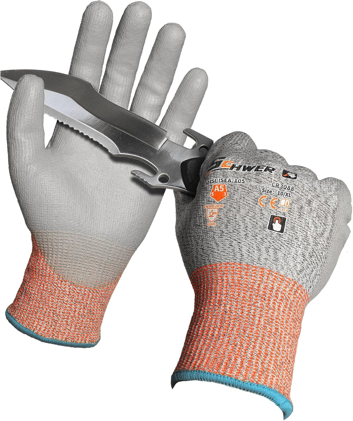 12 Pairs A5 Cut Resistant Gloves, Non PFAS & Fiberglass，CR3088, L | Non PFAS Fiberglass, PU Coating, Strong Grip, Abrasion Resistant, for Glass Cutting, Warehouse Handling, Gardening Work
