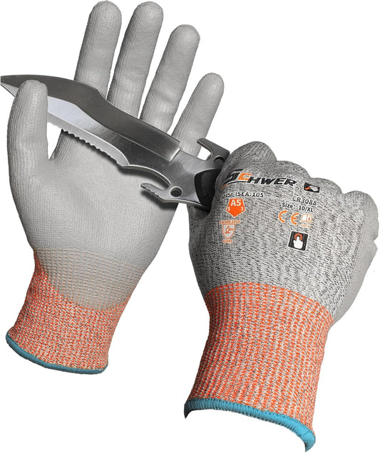 12 Pairs A5 Cut Resistant Gloves, Non PFAS & Fiberglass，CR3088, L | Non PFAS Fiberglass, PU Coating, Strong Grip, Abrasion Resistant, for Glass Cutting, Warehouse Handling, Gardening Work