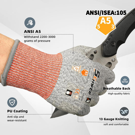 12 Pairs A5 Cut Resistant Gloves, Non PFAS & Fiberglass，CR3088, L | Non PFAS Fiberglass, PU Coating, Strong Grip, Abrasion Resistant, for Glass Cutting, Warehouse Handling, Gardening Work