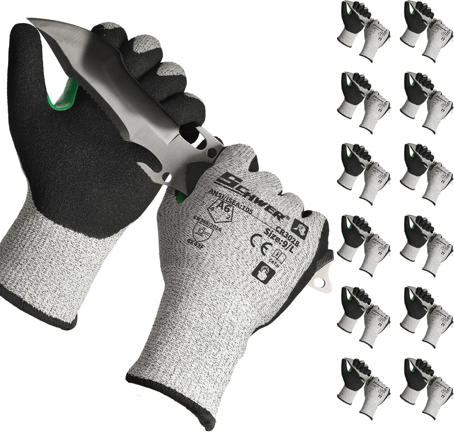 12 Pairs A5 Cut Resistant Gloves, Non PFAS & Fiberglass，CR3088, L | Non PFAS Fiberglass, PU Coating, Strong Grip, Abrasion Resistant, for Glass Cutting, Warehouse Handling, Gardening Work