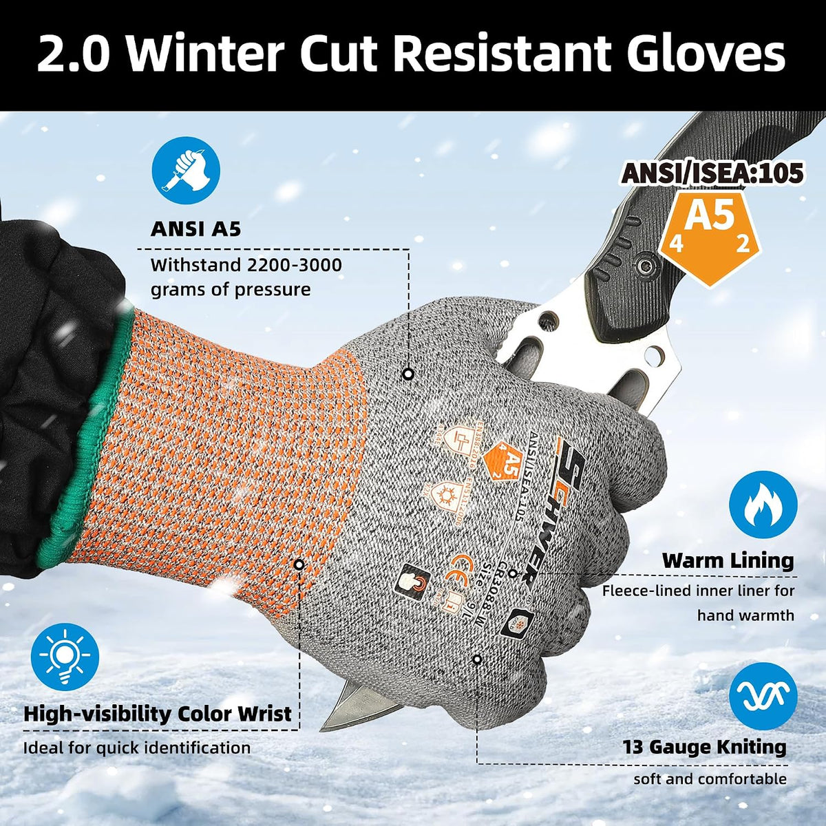 12 Pairs A5 Cut Resistant Gloves, Non PFAS & Fiberglass，CR3088, L | Non PFAS Fiberglass, PU Coating, Strong Grip, Abrasion Resistant, for Glass Cutting, Warehouse Handling, Gardening Work