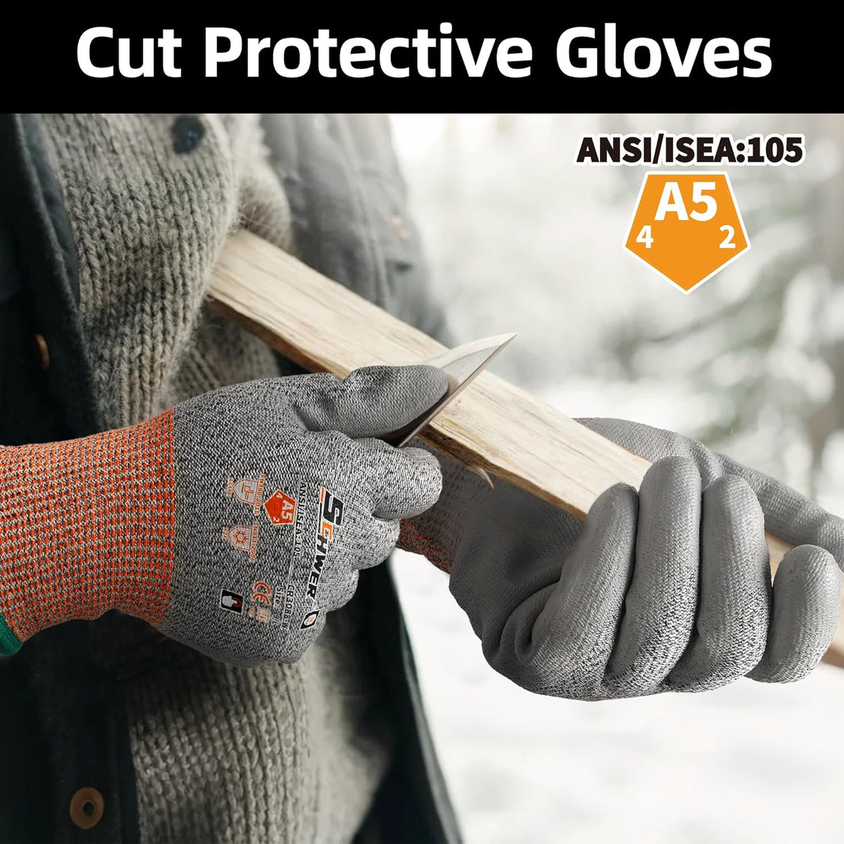 12 Pairs A5 Cut Resistant Gloves, Non PFAS & Fiberglass，CR3088, L | Non PFAS Fiberglass, PU Coating, Strong Grip, Abrasion Resistant, for Glass Cutting, Warehouse Handling, Gardening Work