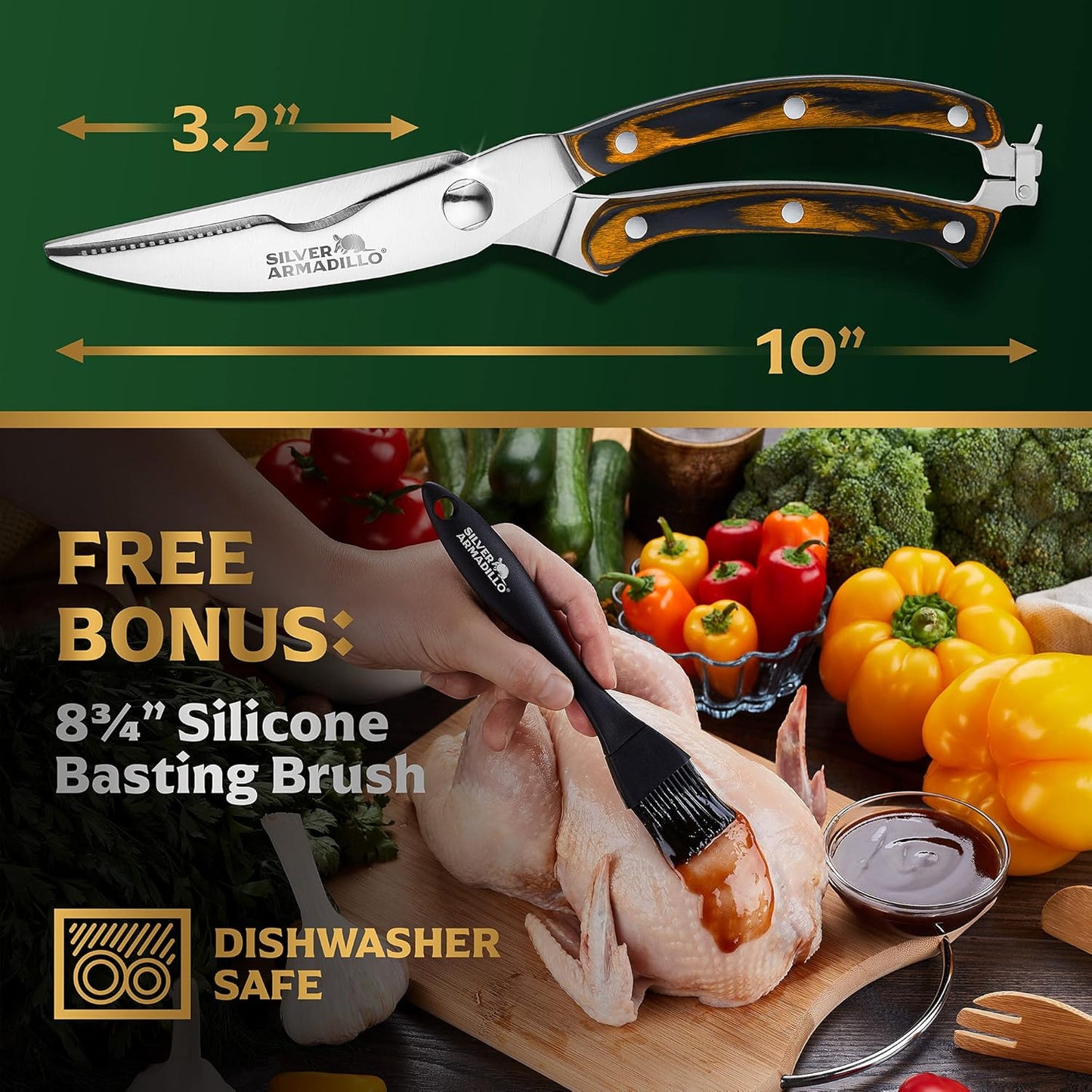 Heavy Duty Stainless Steel Poultry Shears For Bone, Chicken, Meat, Fish, Seafood, Vegetables. Premium Spring Loaded Food Scissors. All metal Kitchen Shears.