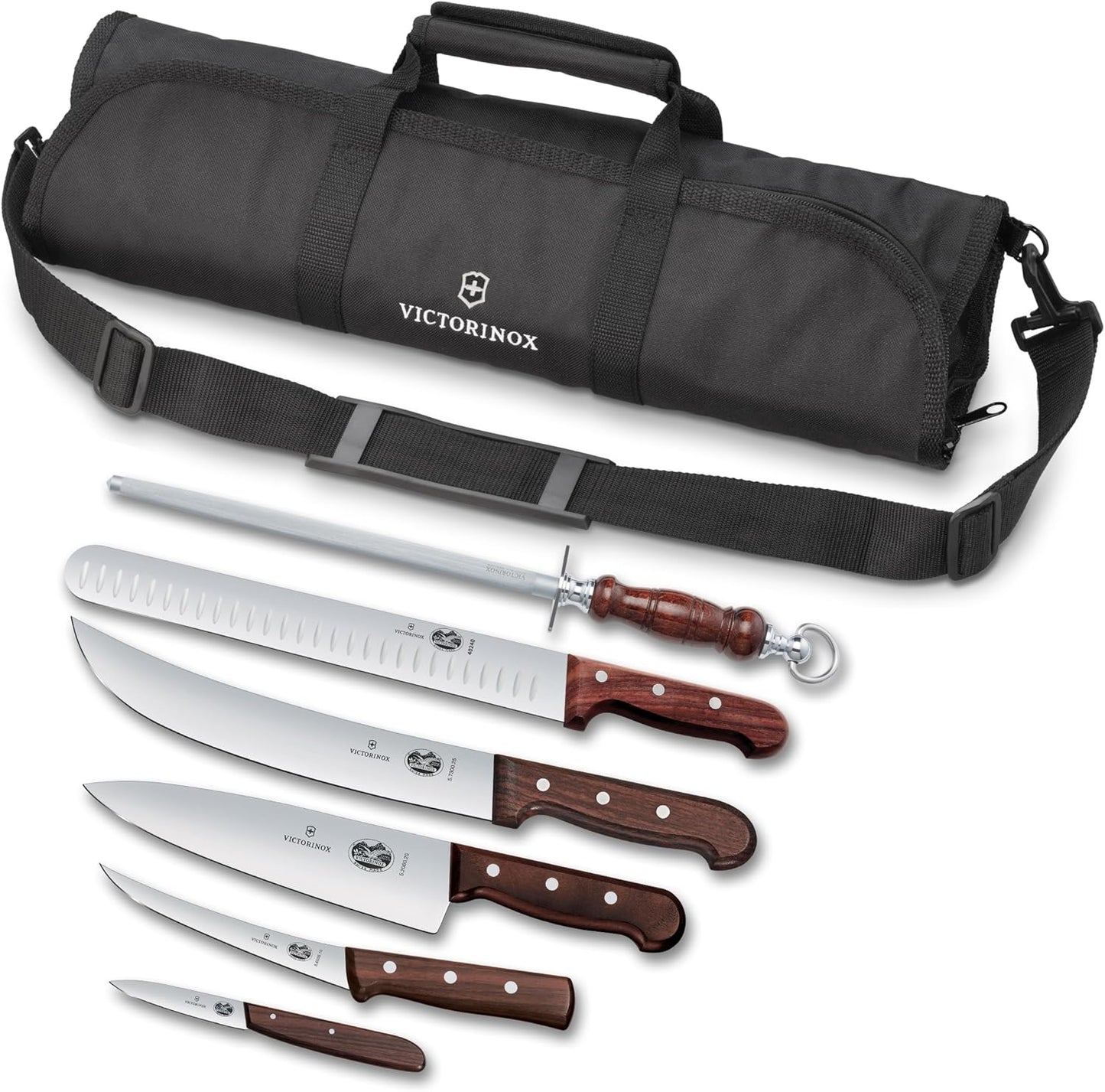 Wood 7 Piece BBQ Cutlery Roll Set with 3.25 In Paring Knife and Storage Bag