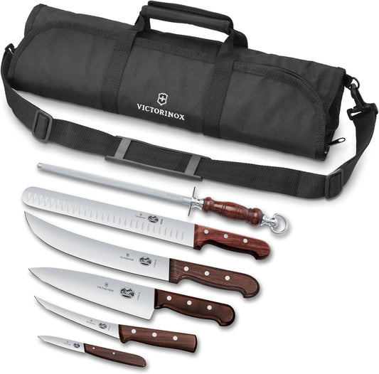 Wood 7 Piece BBQ Cutlery Roll Set with 3.25 In Paring Knife and Storage Bag