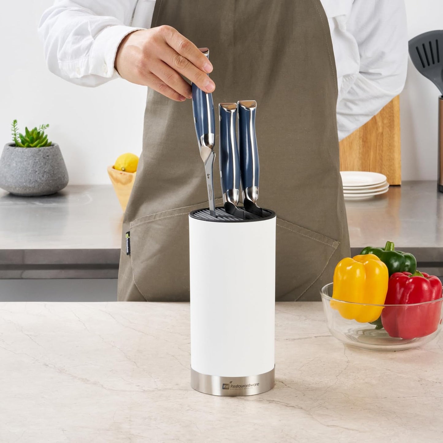 Sensei 4.3 x 8.8 Inch Round Knife Block 1 Round Slotted Knife Holder - Soft Touch Holds 9 Knives White Plastic Universal Knife Holder For Easy Storage