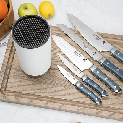 Sensei 4.3 x 8.8 Inch Round Knife Block 1 Round Slotted Knife Holder - Soft Touch Holds 9 Knives White Plastic Universal Knife Holder For Easy Storage
