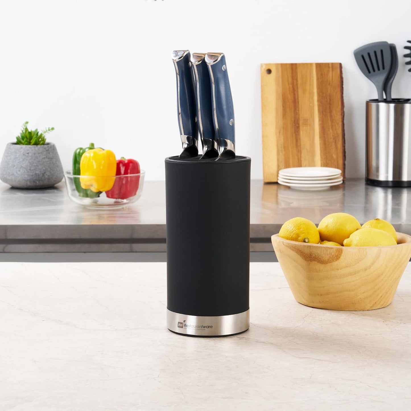 Sensei 4.3 x 8.8 Inch Round Knife Block 1 Round Slotted Knife Holder - Soft Touch Holds 9 Knives White Plastic Universal Knife Holder For Easy Storage