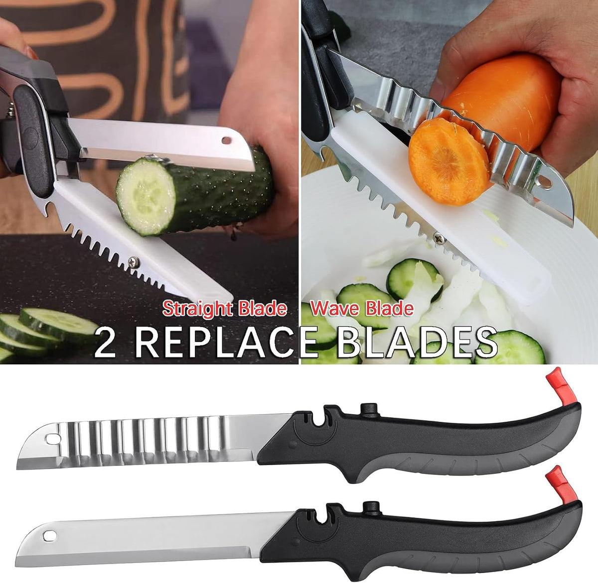 2-in-1 Kitchen Scissors with Replaceable Straight & Wavy Blades, Multi-Functional Kitchen Shears with Integrated Cutting Board, Safety Lock & Dishwasher Safe for Food, cheese, Salad, Fruit
