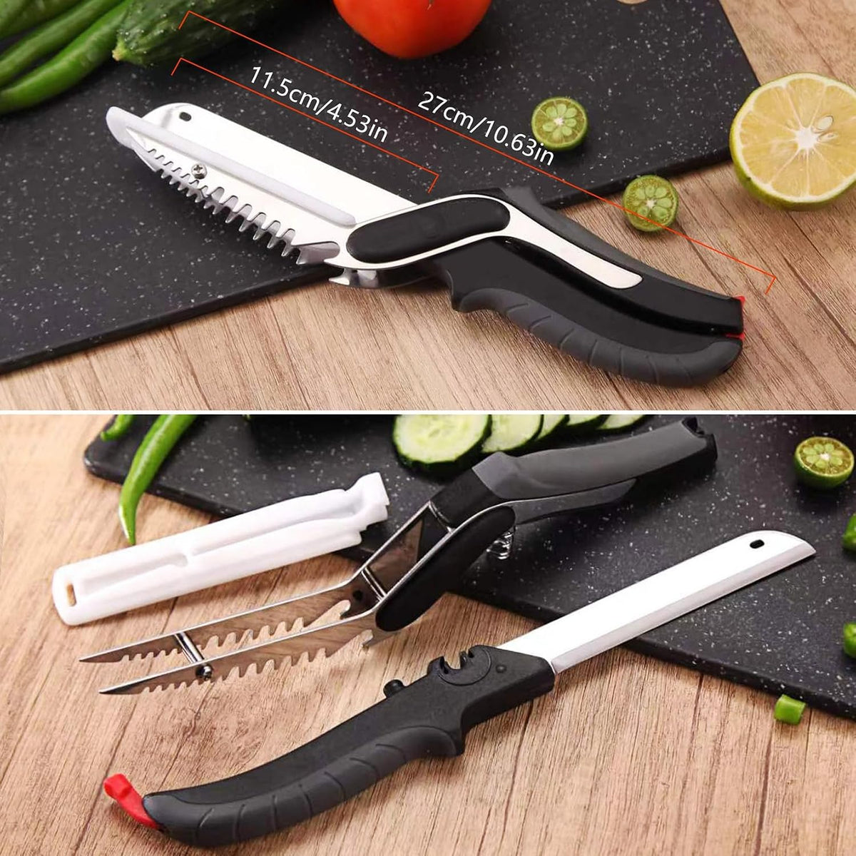 2-in-1 Kitchen Scissors with Replaceable Straight & Wavy Blades, Multi-Functional Kitchen Shears with Integrated Cutting Board, Safety Lock & Dishwasher Safe for Food, cheese, Salad, Fruit