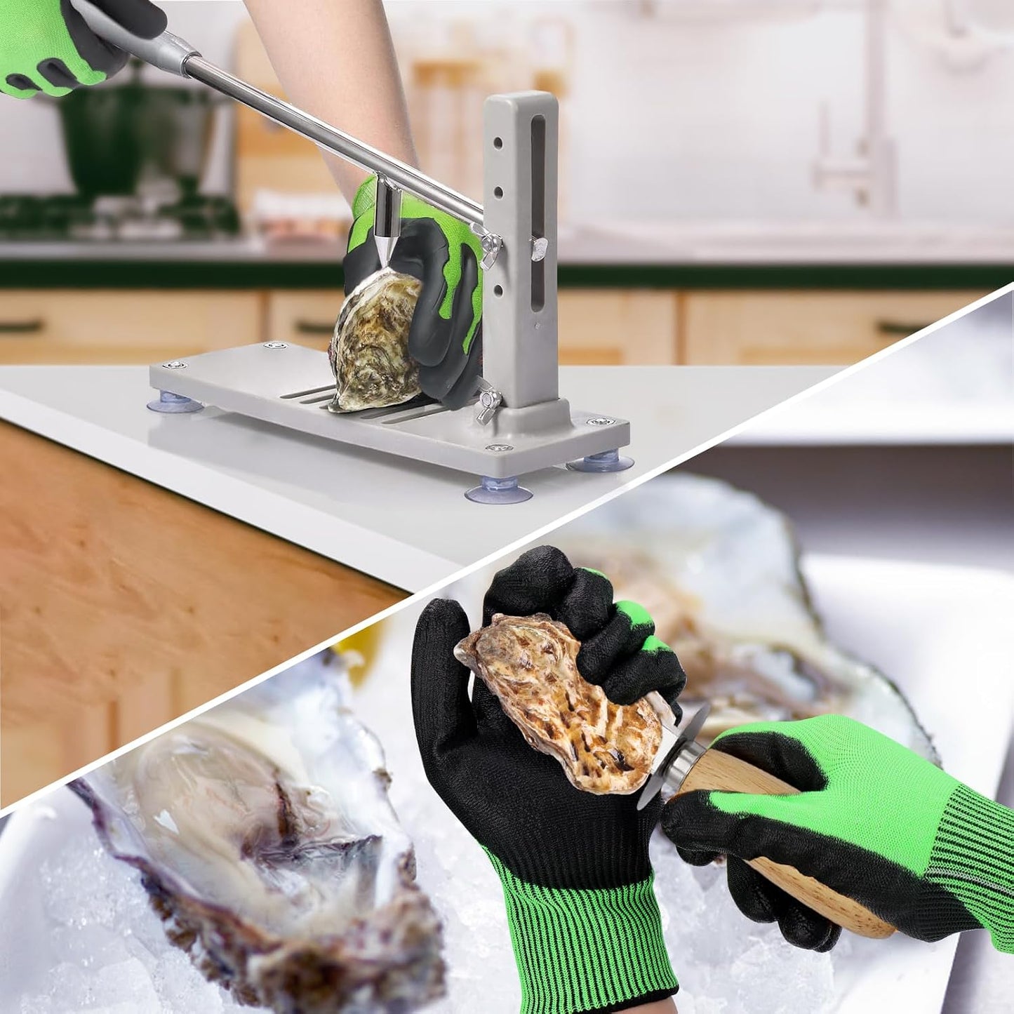 Oyster Shucking Gloves, Oyster Shucker Tool Protectors Handguard, Oyster Opener Machine Kit, Easy to Use Oyster Holders Seafood Tool (Green-Black