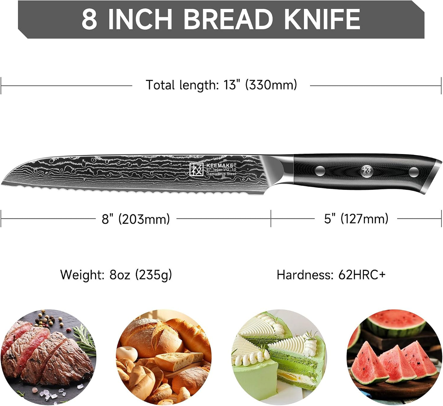 Serrated Bread Knife, 8 Inch Japanese Damascus Kitchen Knife Wave Edge with G10 Ergonomic Handle, Cake Cutter Bread Slicing Knife for Sourdough Loaf Ciabatta