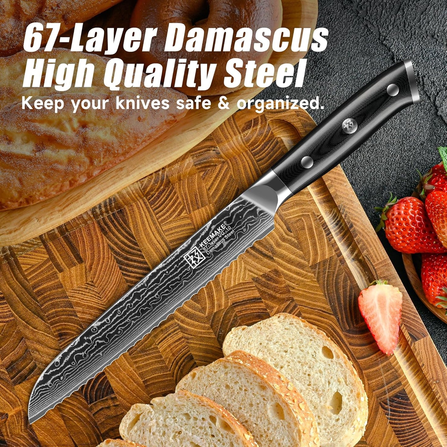 Serrated Bread Knife, 8 Inch Japanese Damascus Kitchen Knife Wave Edge with G10 Ergonomic Handle, Cake Cutter Bread Slicing Knife for Sourdough Loaf Ciabatta