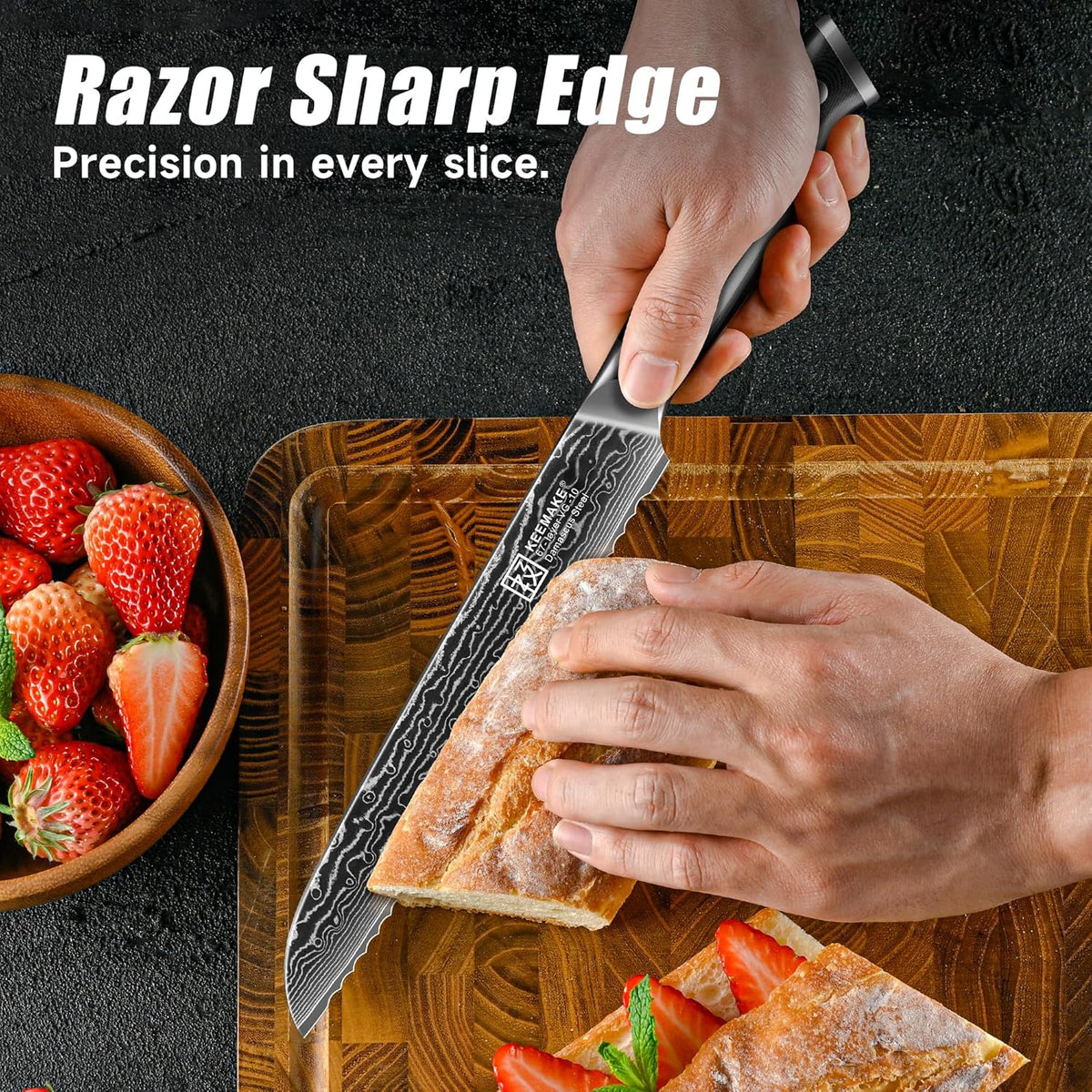 Serrated Bread Knife, 8 Inch Japanese Damascus Kitchen Knife Wave Edge with G10 Ergonomic Handle, Cake Cutter Bread Slicing Knife for Sourdough Loaf Ciabatta