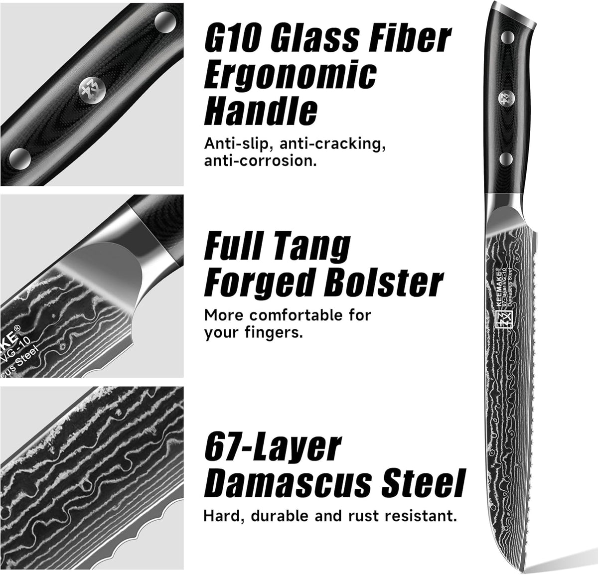Serrated Bread Knife, 8 Inch Japanese Damascus Kitchen Knife Wave Edge with G10 Ergonomic Handle, Cake Cutter Bread Slicing Knife for Sourdough Loaf Ciabatta