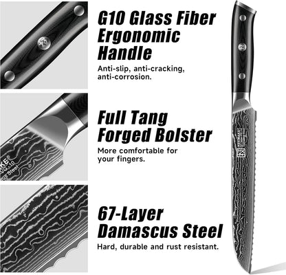 Serrated Bread Knife, 8 Inch Japanese Damascus Kitchen Knife Wave Edge with G10 Ergonomic Handle, Cake Cutter Bread Slicing Knife for Sourdough Loaf Ciabatta