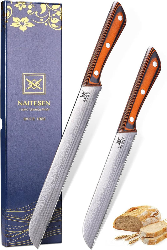 2PCS Serrated Bread Knife Set, Razor Sharp for Homemade Bread Slicing Cutting Baguette, Sourdough Bread, Bagels, Cake Gifts for Men Women