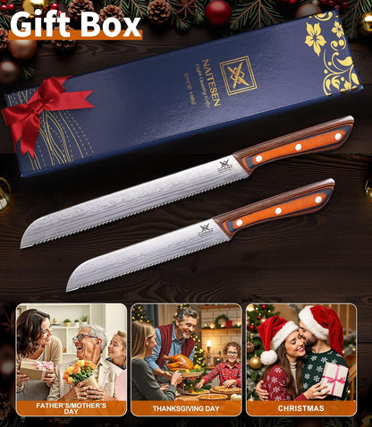 2PCS Serrated Bread Knife Set, Razor Sharp for Homemade Bread Slicing Cutting Baguette, Sourdough Bread, Bagels, Cake Gifts for Men Women