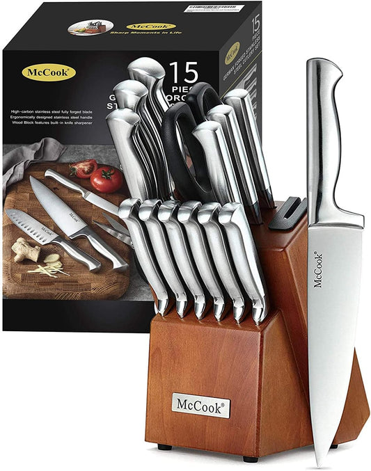 ® Knife Sets, German Stainless Steel Kitchen Knife Block Sets with Built-in Sharpener, 15 Piece Chef Knife and More, Razor Sharp, Restaurant Grade, Anti-Rust, Elegant Box for Gift