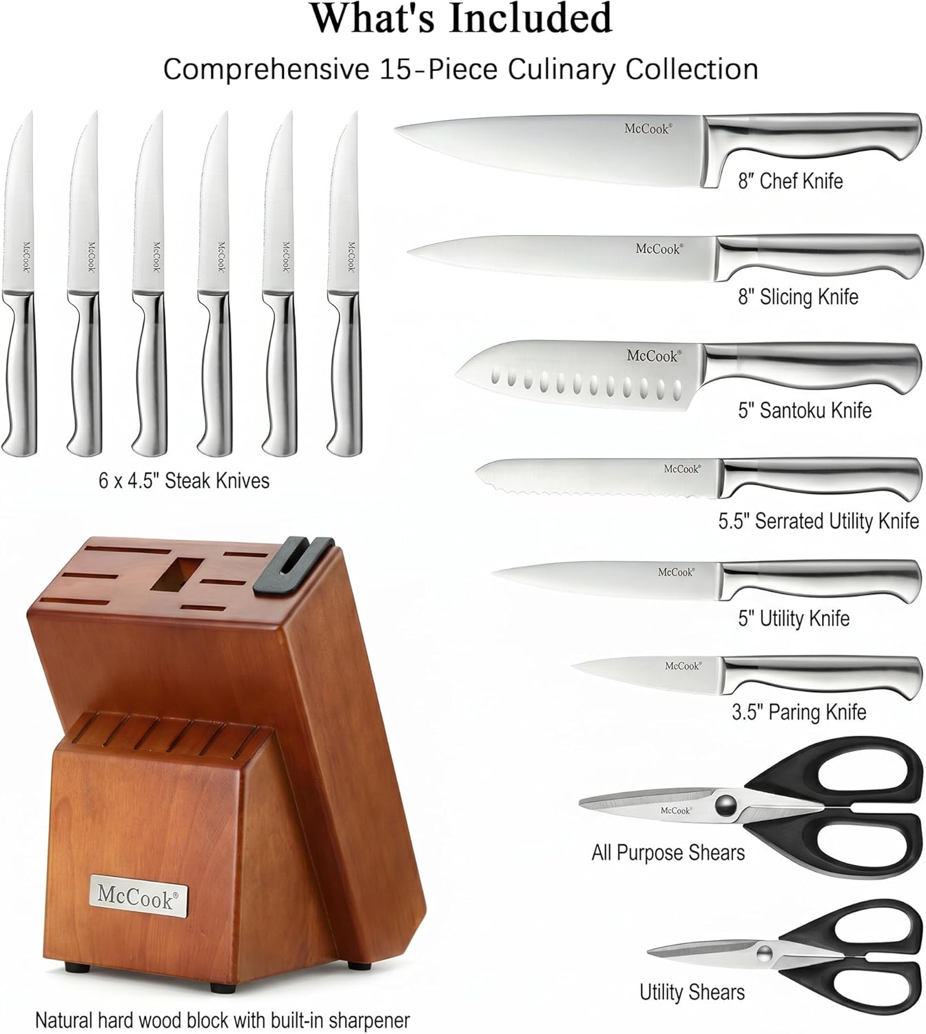 ® Knife Sets, German Stainless Steel Kitchen Knife Block Sets with Built-in Sharpener, 15 Piece Chef Knife and More, Razor Sharp, Restaurant Grade, Anti-Rust, Elegant Box for Gift