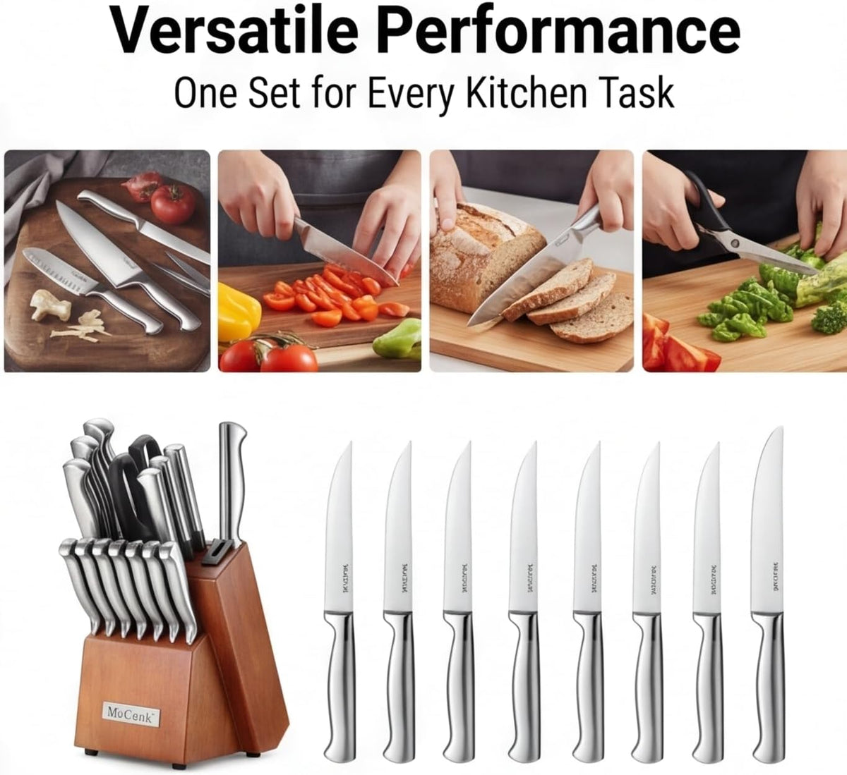 ® Knife Sets, German Stainless Steel Kitchen Knife Block Sets with Built-in Sharpener, 15 Piece Chef Knife and More, Razor Sharp, Restaurant Grade, Anti-Rust, Elegant Box for Gift