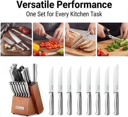 ® Knife Sets, German Stainless Steel Kitchen Knife Block Sets with Built-in Sharpener, 15 Piece Chef Knife and More, Razor Sharp, Restaurant Grade, Anti-Rust, Elegant Box for Gift