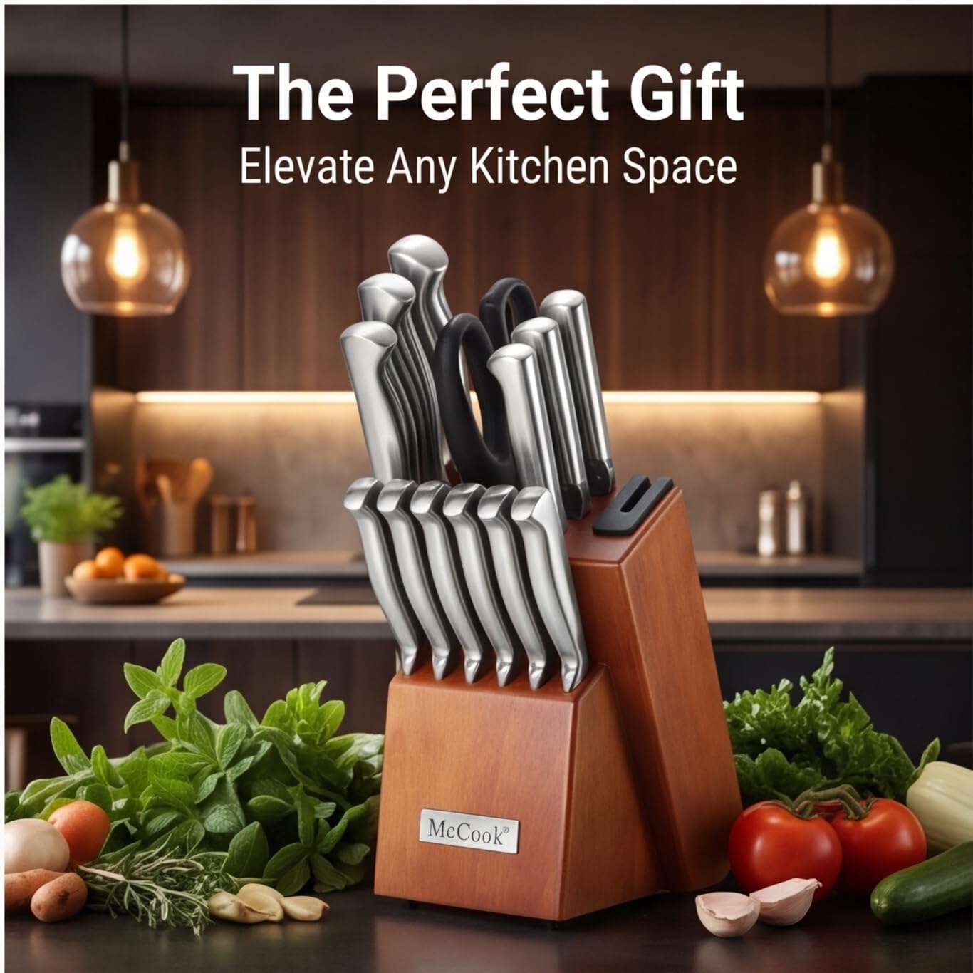 ® Knife Sets, German Stainless Steel Kitchen Knife Block Sets with Built-in Sharpener, 15 Piece Chef Knife and More, Razor Sharp, Restaurant Grade, Anti-Rust, Elegant Box for Gift
