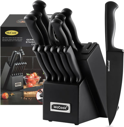 ® Knife Sets, German Stainless Steel Kitchen Knife Block Sets with Built-in Sharpener, 15 Piece Chef Knife and More, Razor Sharp, Restaurant Grade, Anti-Rust, Elegant Box for Gift