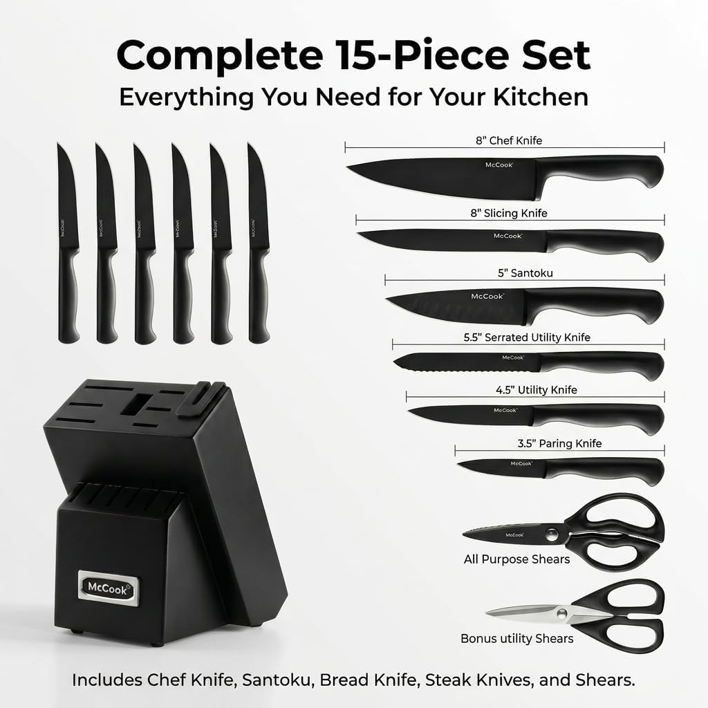 ® Knife Sets, German Stainless Steel Kitchen Knife Block Sets with Built-in Sharpener, 15 Piece Chef Knife and More, Razor Sharp, Restaurant Grade, Anti-Rust, Elegant Box for Gift