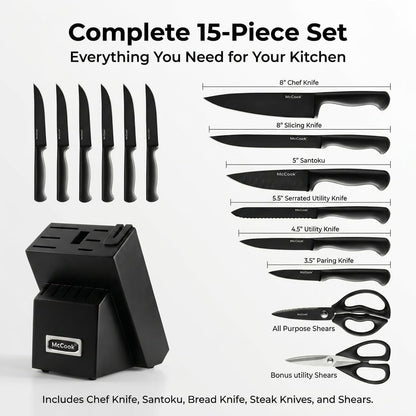 ® Knife Sets, German Stainless Steel Kitchen Knife Block Sets with Built-in Sharpener, 15 Piece Chef Knife and More, Razor Sharp, Restaurant Grade, Anti-Rust, Elegant Box for Gift