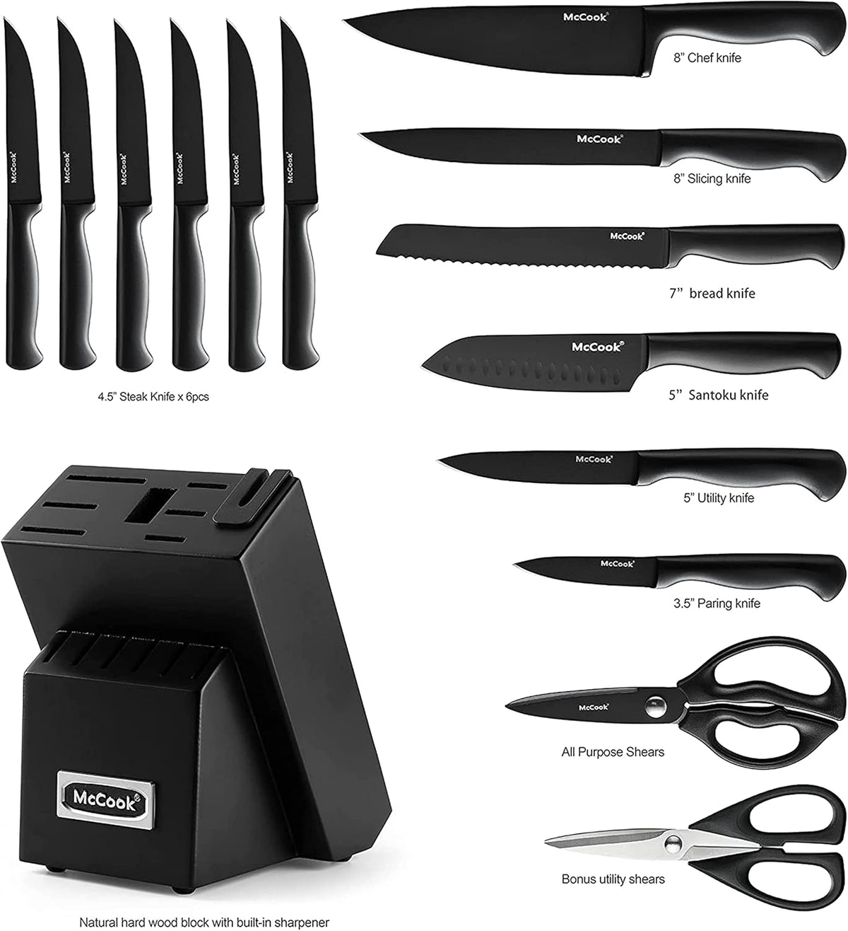 ® Knife Sets, German Stainless Steel Kitchen Knife Block Sets with Built-in Sharpener, 15 Piece Chef Knife and More, Razor Sharp, Restaurant Grade, Anti-Rust, Elegant Box for Gift