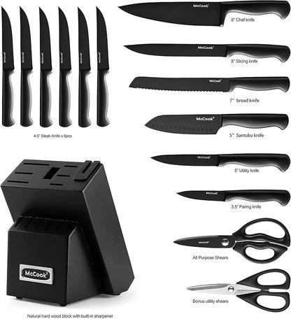 ® Knife Sets, German Stainless Steel Kitchen Knife Block Sets with Built-in Sharpener, 15 Piece Chef Knife and More, Razor Sharp, Restaurant Grade, Anti-Rust, Elegant Box for Gift