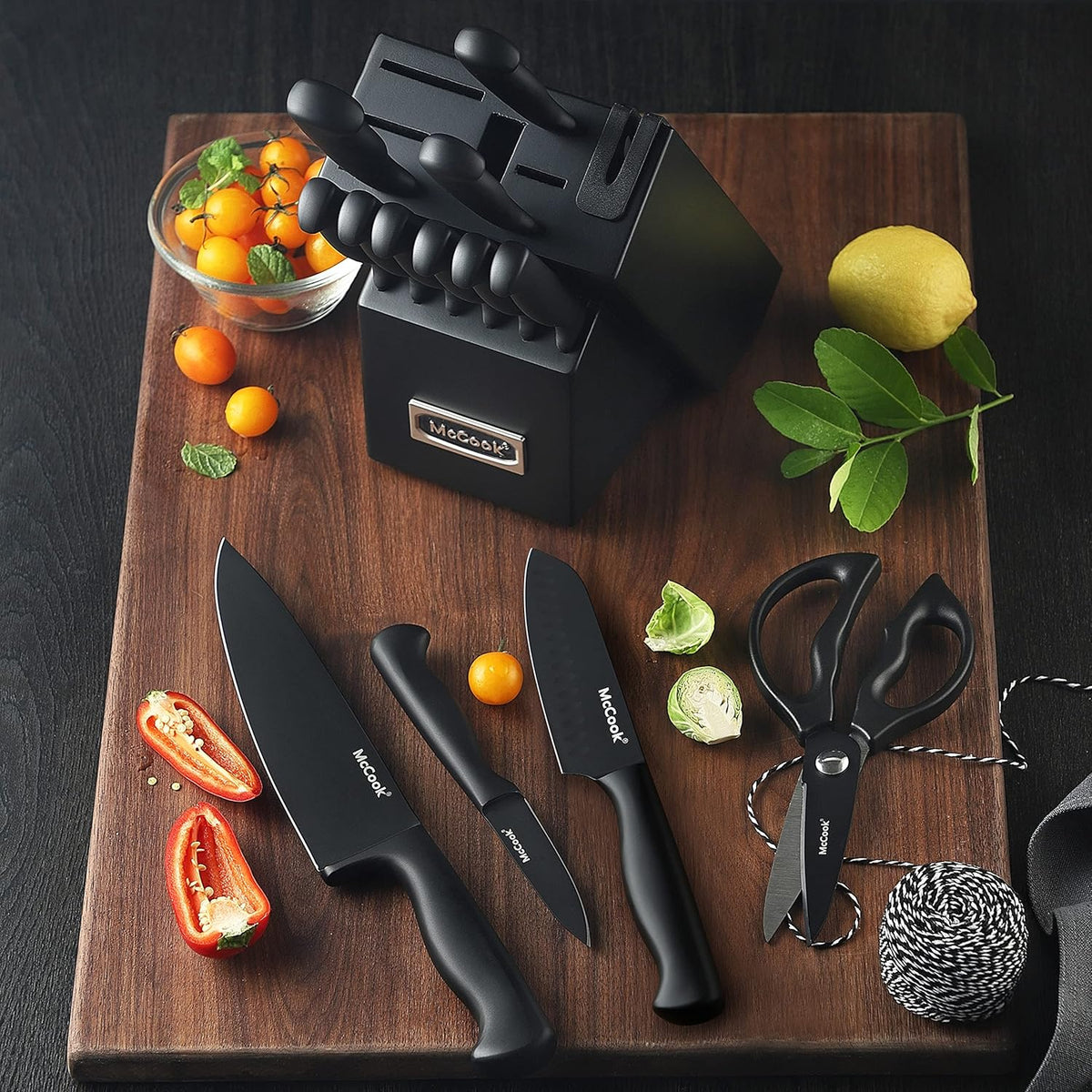 ® Knife Sets, German Stainless Steel Kitchen Knife Block Sets with Built-in Sharpener, 15 Piece Chef Knife and More, Razor Sharp, Restaurant Grade, Anti-Rust, Elegant Box for Gift