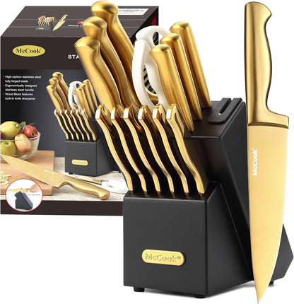 ® Knife Sets, German Stainless Steel Kitchen Knife Block Sets with Built-in Sharpener, 15 Piece Chef Knife and More, Razor Sharp, Restaurant Grade, Anti-Rust, Elegant Box for Gift