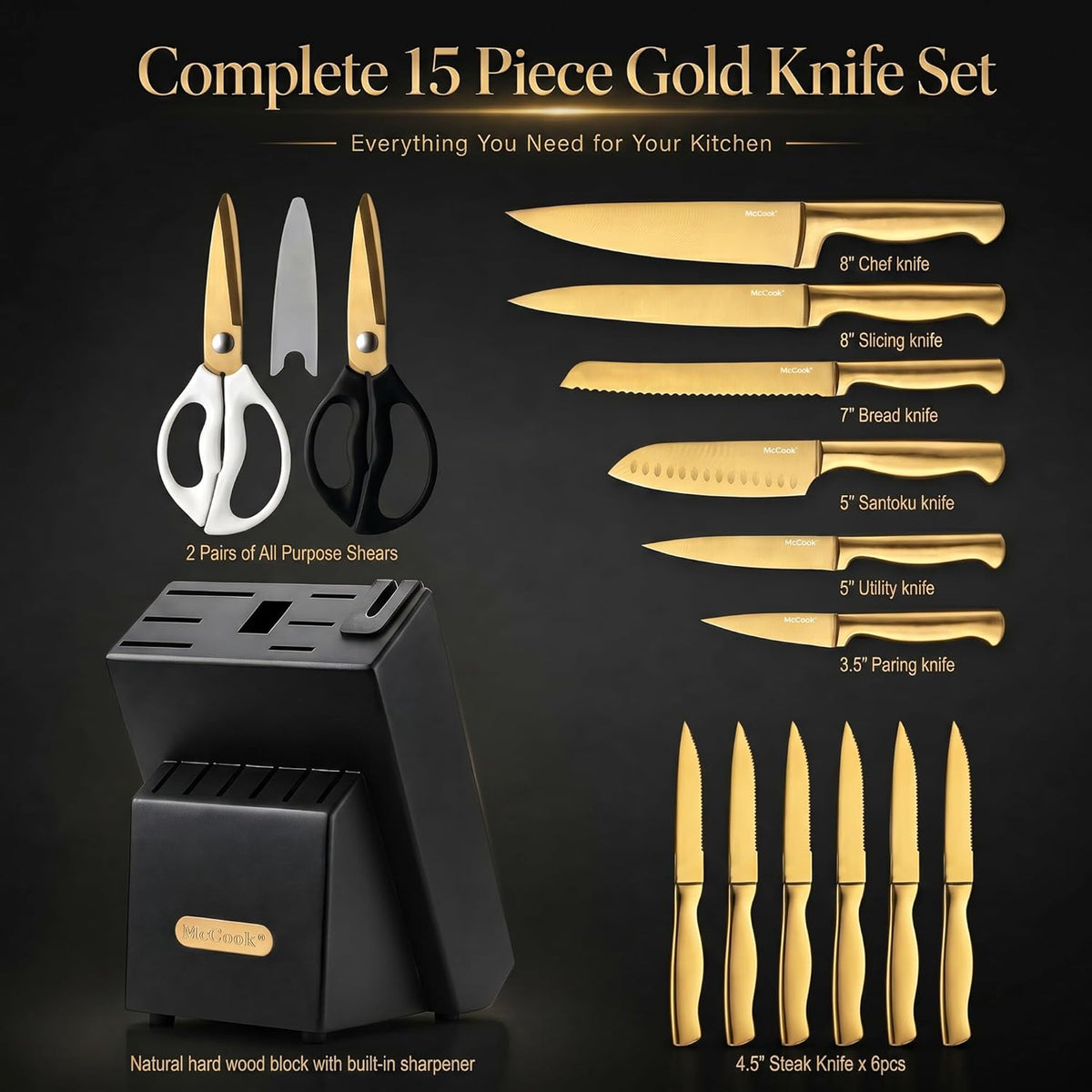 ® Knife Sets, German Stainless Steel Kitchen Knife Block Sets with Built-in Sharpener, 15 Piece Chef Knife and More, Razor Sharp, Restaurant Grade, Anti-Rust, Elegant Box for Gift
